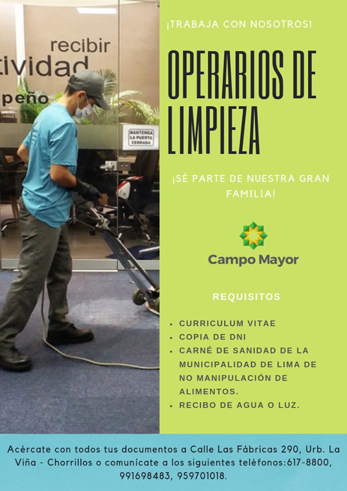 Buscamos de personal, que pueda ser parte de nuestro gran equipo de especialistas en limpieza.