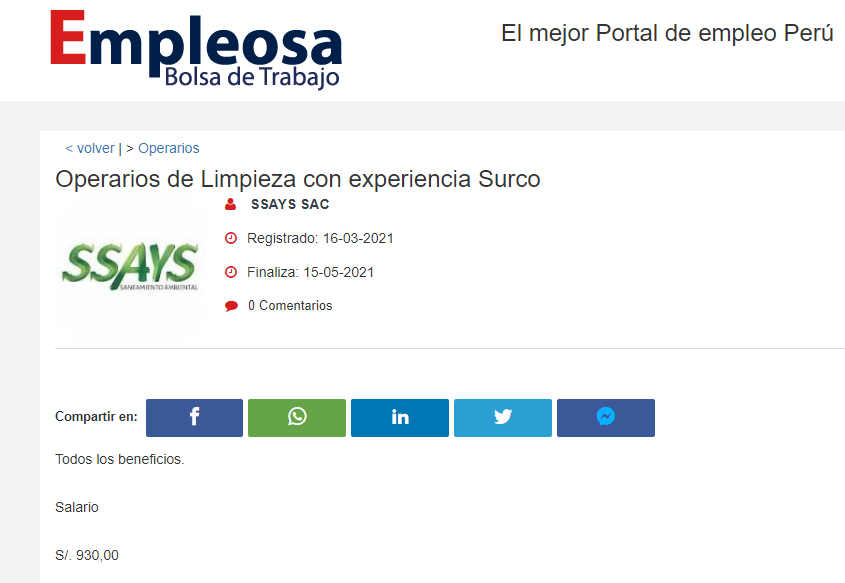 Operarios de Limpieza con experiencia Surco