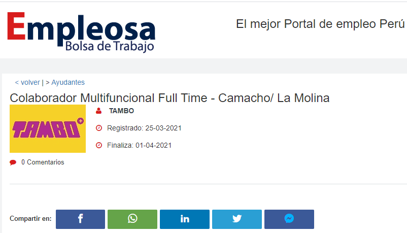 Colaborador Multifuncional Full Time - Camacho/ La Molina