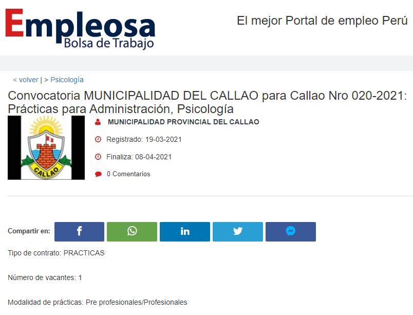 Convocatoria MUNICIPALIDAD DEL CALLAO para Callao Nro 020-2021: Prácticas para Administración, Psicología