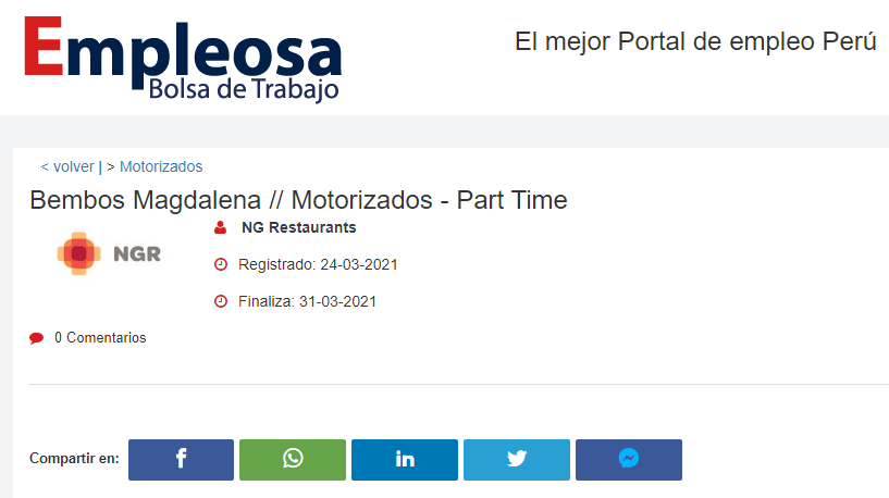 Bembos Magdalena // Motorizados - Part Time