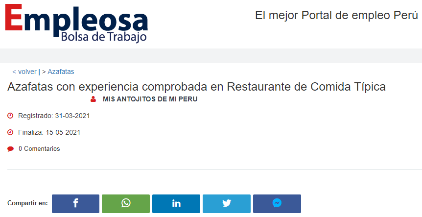 Azafatas con experiencia comprobada en Restaurante de Comida Típica