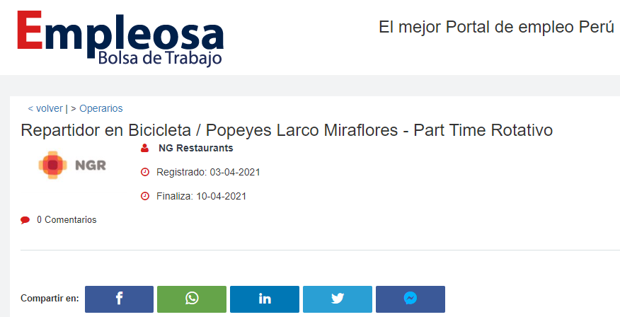 Repartidor en Bicicleta / Popeyes Larco Miraflores - Part Time Rotativo