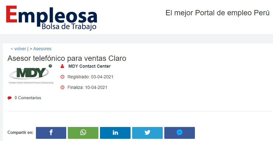 Asesor telefónico para ventas Claro