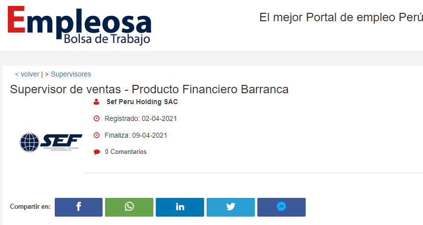 Supervisor de ventas - Producto Financiero Barranca