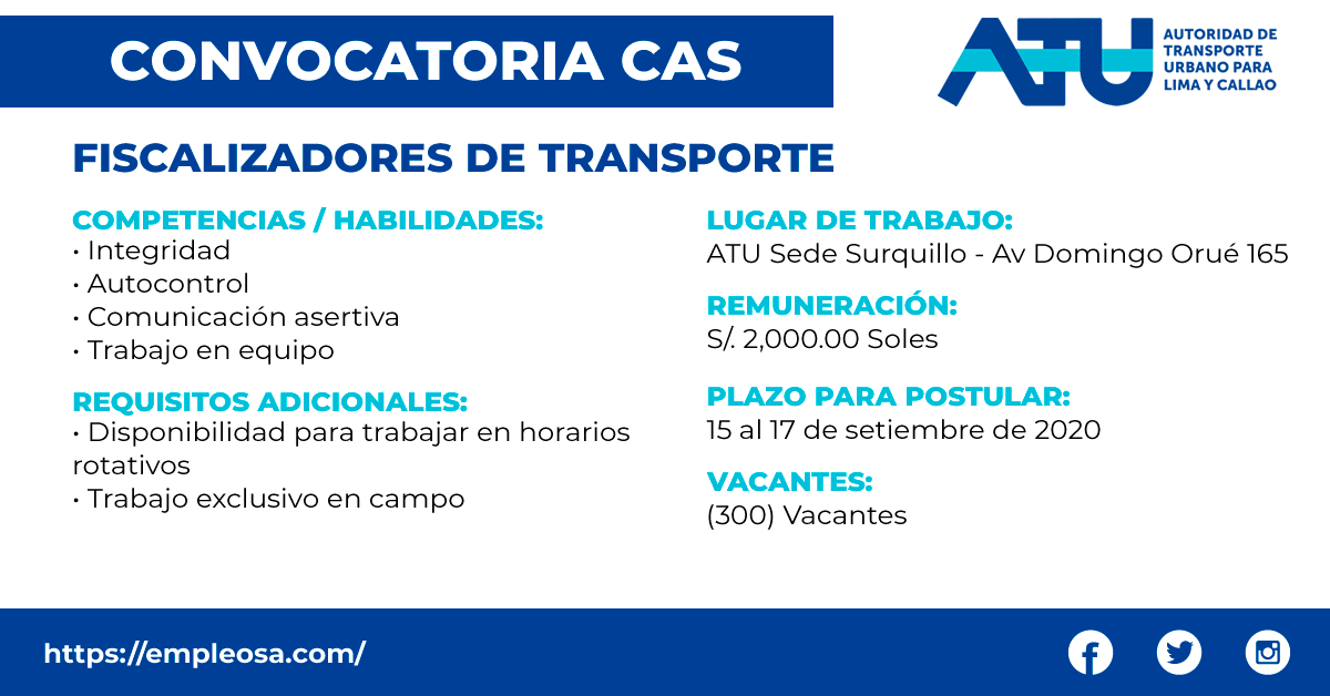 CAS N° 022: FISCALIZADORES DE TRANSPORTE Número de vacantes: 300