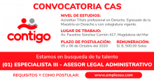 CAS N° 034: ESPECIALISTA III - ASESOR LEGAL ADMINISTRATIVO Vacantes: 1