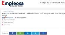 Atención al cliente call center / sede ate / turno 12m a 22pm - seis dias de capa virtual