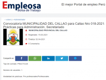 Convocatoria MUNICIPALIDAD DEL CALLAO para Callao Nro 018-2021: Prácticas para Administración, Secretariado